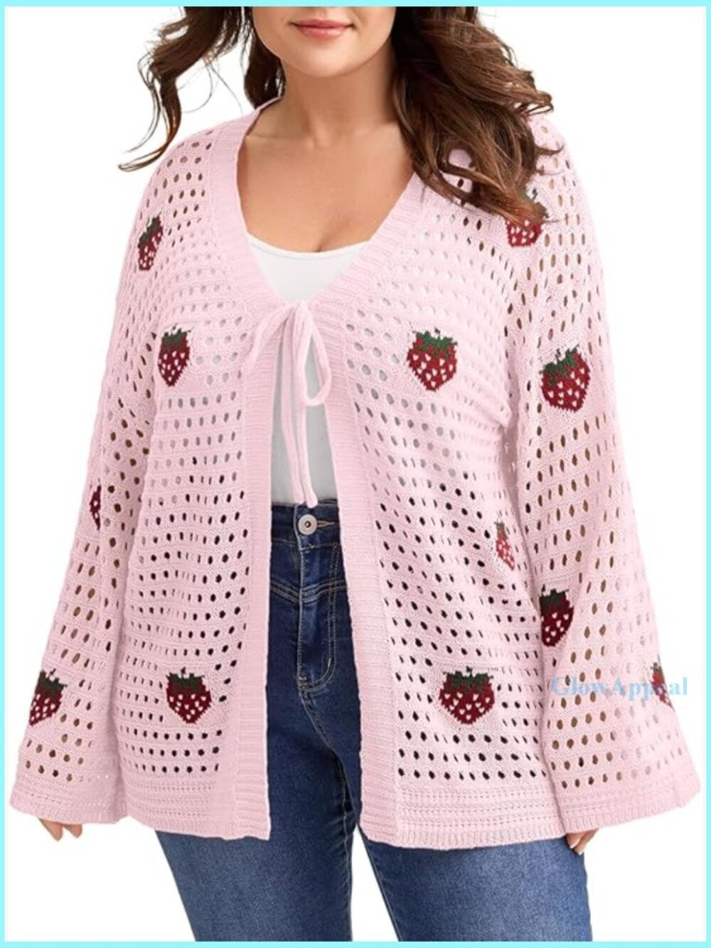 Plus Size Crochet Cardigan Strawberry Print Sweater Breezy Fit